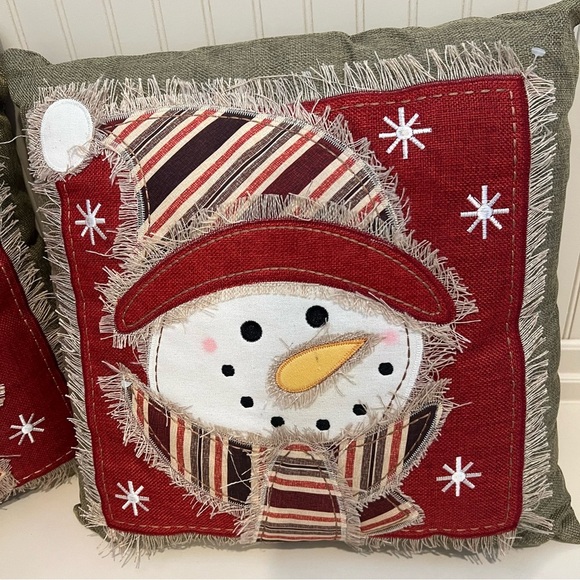 Festive Snowman Holiday Throw Pillows - Red and Olive - Set of 2 - Picture 1 of 4